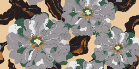 Mosaic stylized blooming flowers and leaves in Japanese style vector seamless pattern spring motifs ornament. Retro style.