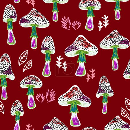 Texture mushrooms, fly agarics. Mushroom organic pattern. Cartoon style. Hand drawn elements. Vector seamless overlapping pattern.