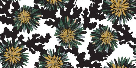 Chrynanthemums. Stylized fantasy flowers and leaves in Japanese style vector seamless pattern spring motifs ornament. Retro style.