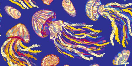 Méduses ondulées Coloré Tropical Sea Animals. Modèle de chevauchement sans couture vectoriel.