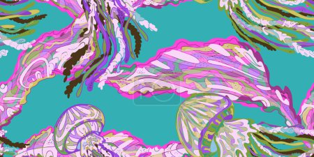 Méduses ondulées Coloré Tropical Sea Animals. Modèle de chevauchement sans couture vectoriel.
