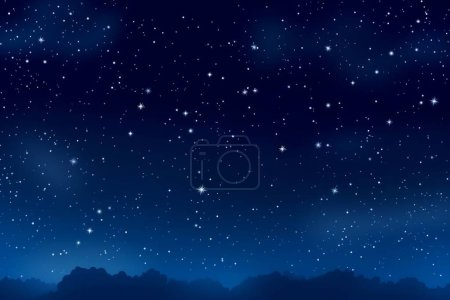 Foto de Paisaje azul noche con siluetas montañas y árboles y estrellas en el cielo - Imagen libre de derechos