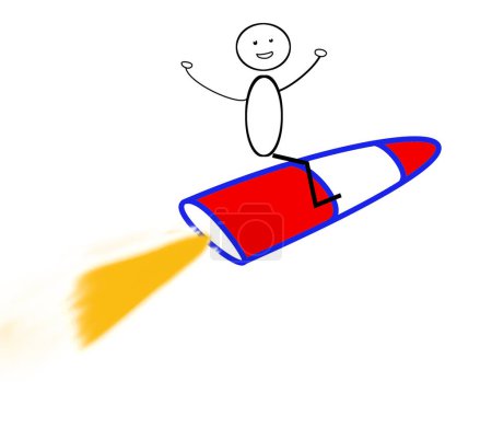 Téléchargez les photos : Stick figure vole sur la fusée: - en image libre de droit