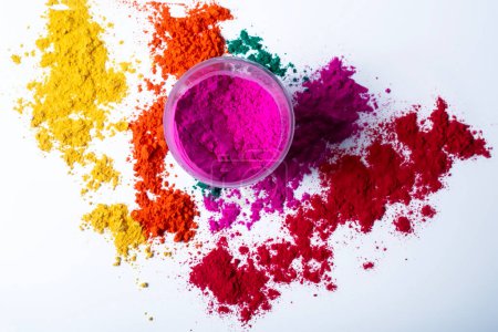 Colorful holi powder in a glass bowl isolated on white background. Holi festival concept