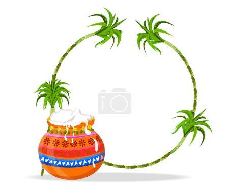Illustration for South Indian harvest festival greeting background. Illustration of beautiful Pongal pot with Sugar cane frame on white background. - Royalty Free Image