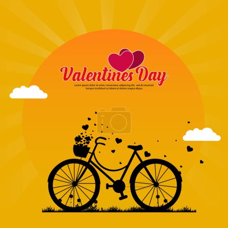 Ilustración de Happy Valentine's Day. Illustration of Love and Valentine's Day Greeting Card. Romantic background. A flying heart from a bicycle basket - Imagen libre de derechos