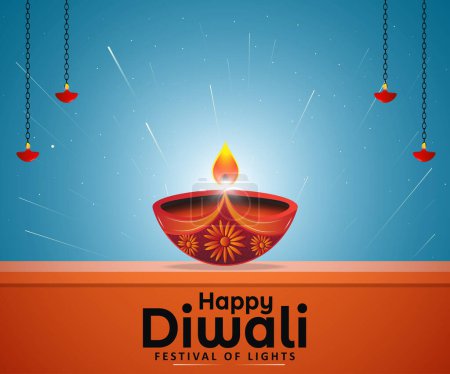 Téléchargez les illustrations : Joyeux festival Diwali de lumières design de carte de vœux. Lampe à huile Diwali sur mur et lampe à huile suspendue et craquelins éclatant sur fond bleu. - en licence libre de droit