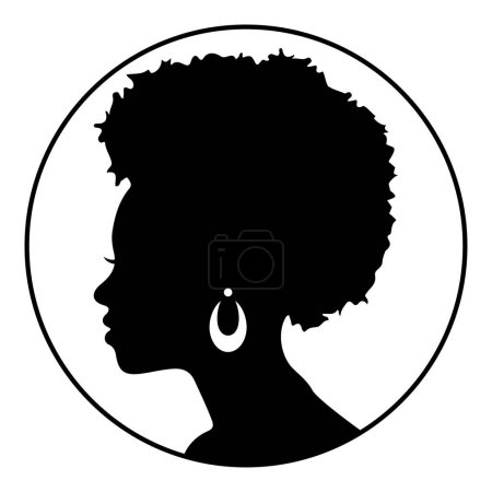Téléchargez les photos : Profil silhouette camée d'une belle femme noire avec un afro et des boucles d'oreilles dans un cadre rond - en image libre de droit