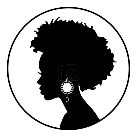 Téléchargez les photos : Profil silhouette camée d'une belle femme noire avec un afro et des boucles d'oreilles dans un cadre rond - en image libre de droit