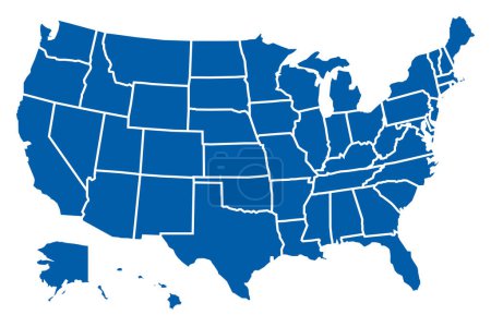 Ilustración de Mapa azul de los Estados Unidos de América separado por estados en formato vectorial - Imagen libre de derechos