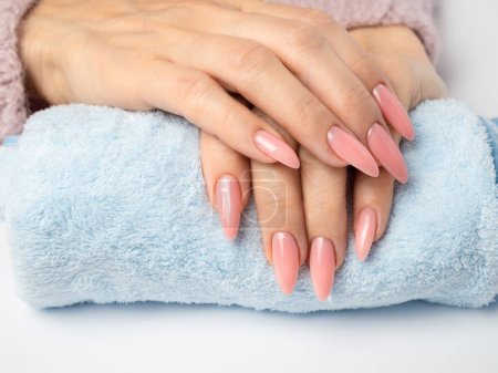 Foto de Elegante de moda uñas de mujer joven manos manicura rosa sobre fondo blanco - Imagen libre de derechos