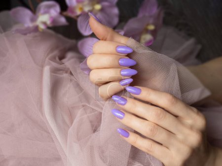 Photo for Stylish trendy nail young woman hands violet manicure on background. - Royalty Free Image