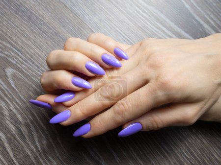 Foto de Elegante de moda uñas de mujer joven manos manicura violeta en el fondo. - Imagen libre de derechos