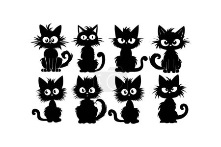Silhouettes de chat de bande dessinée mignon dans diverses poses. Icône vectorielle.