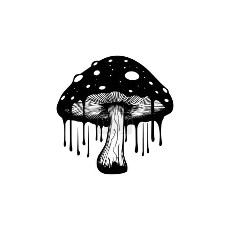 Melting Mushroom Black and White Illustration. Vector icon.