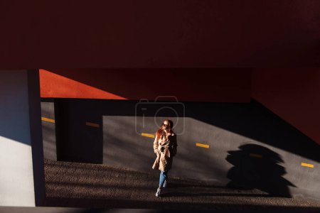 Téléchargez les photos : Femme moderne posant contre un mur de rue rugueux. Ginger girl en lunettes de soleil dans le style de vêtements urbains debout dans la rue - en image libre de droit