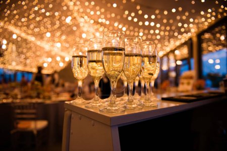 Close up of shiny glasses filled with cold champagne and served on restaurant reception during wedding party. Aperitif for guests on event.
