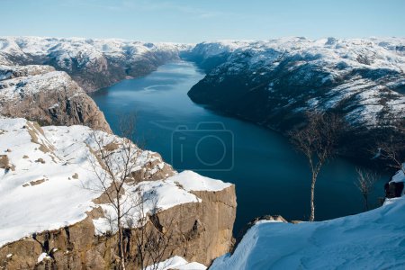 Photo for Top view of the Pulpit Rock, Preikestolen. Scenic landscape of river channel between rocky shore. Norwegian mountains. Lysefjord, Norway - Royalty Free Image