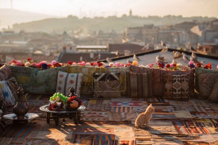 Téléchargez les photos : Vue panoramique sur le lever du soleil d'été sur la terrasse turque avec tapis et oreillers traditionnels. Mouettes assises sur le toit. Endroit populaire pour les touristes à Istanbul. - en image libre de droit