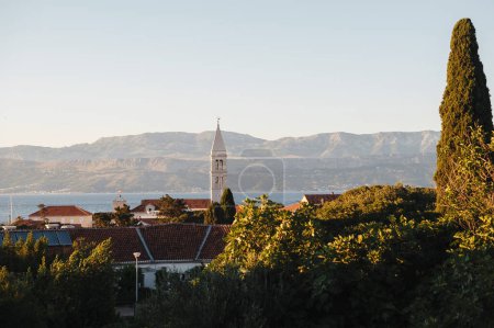 Photo for Scenic view of ancient buildings and thicket of trees in city Supetar with background of high mountains and clean Adriatic sea. Beautiful tourist places with sightseeing of Croatia. - Royalty Free Image