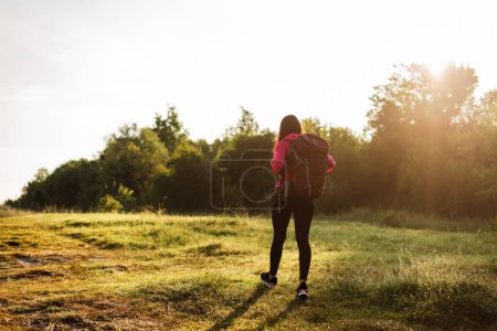 Téléchargez les photos : Vue arrière de la femme marchant avec sac à dos sur prairie verte près de la forêt. La fille porte des vêtements de sport et une veste rose. Concept de repos et de tourisme sur la nature. L'été. Journée ensoleillée - en image libre de droit