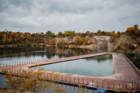 Photo for Aerial view landscape. Zakrzowek Krakow. Rocks, water, lake, pools on water, tourist attraction, trees, forest, nature, autumn. - Royalty Free Image
