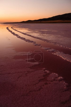 Foto de Vista del atardecer de verano con lago de sal seca en Turquía. La sal rosa lo cubría todo. Belleza de la naturaleza salvaje. - Imagen libre de derechos
