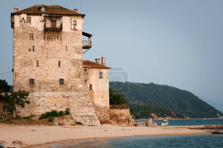 Ouranoupolis tower in Chalkidiki at sunset, Greece in a summer day
