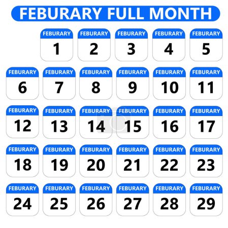 Ilustración de Set de calendario completo febrero fecha del mes en diseño plano azul - Imagen libre de derechos