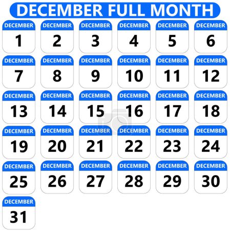Ilustración de Conjunto de calendario completo de diciembre fecha del mes en diseño plano azul - Imagen libre de derechos