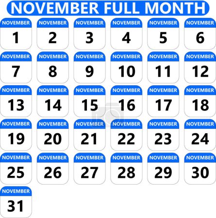 Ilustración de Conjunto de calendario completo de noviembre de la fecha del mes en diseño plano azul - Imagen libre de derechos