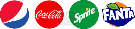 Pepsi, Coca-Cola, Sprite, logo de Fanta. Logotipo superior de la marca de la compañía de refrescos sobre fondo transparente. Editorial