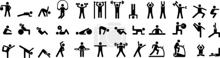 Illustration for Exercise and fitness icons. Gym and Workout Set. Person Yoga exercises poses. Lunges, Pushups, Squats, Dumbbell rows, Burpees, Side planks, Situps, Glute bridge, Leg Raise, Side Crunch. - Royalty Free Image