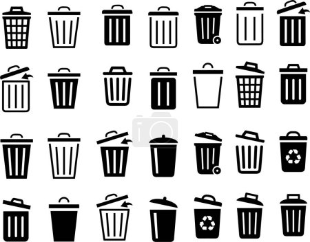 Conjunto de iconos de basura. Recogida de letreros de basura. Puede o eliminar símbolo. Reciclar botón icono de la papelera. Icono de la papelera en diseño plano y de línea de moda. desperdicio o cubo de basura. Basura Bin grupo