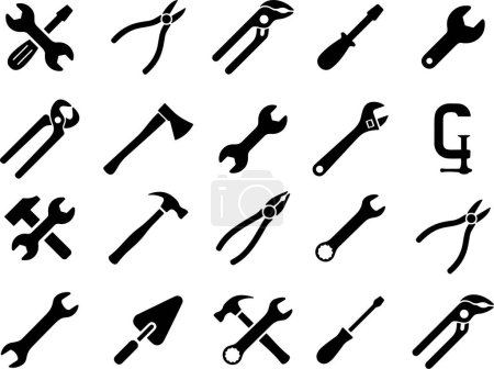 Set von Arbeitswerkzeugen Icon. Hammer drehen Schraubenwerkzeuge Symbol. Instrumentensammlung. Mechanisches Werkzeug. Konstruktions- und Reparaturwerkzeuge Vector Illustration