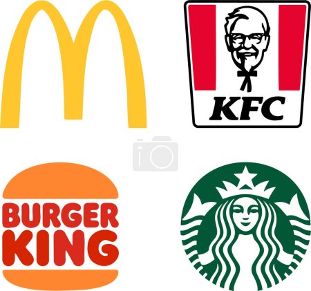 McDonalds, KFC, Starbucks, Burger King logos. Popular chains of fast food restaurants. Vector.