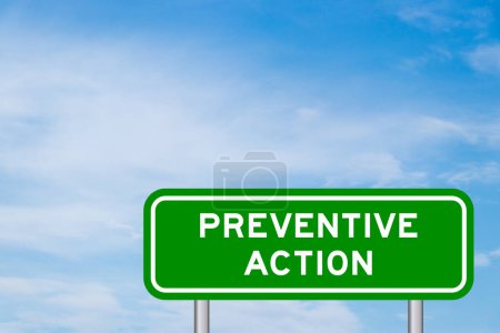 Foto de Green color transportation sign with word preventive action on blue sky with white cloud background - Imagen libre de derechos