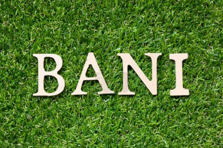 Photo for Wood alphabet letter in word BANI (Brittle, Anxious, Non-linear and Incomprehensible) on artificial green grass background - Royalty Free Image
