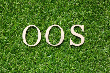 Photo for Wood alphabet letter in word OOS (Abbreviation of Out of stock, out of specification) on artificial green grass background - Royalty Free Image