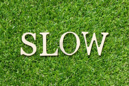 Foto de Letra de madera en palabra lenta sobre fondo de hierba verde - Imagen libre de derechos