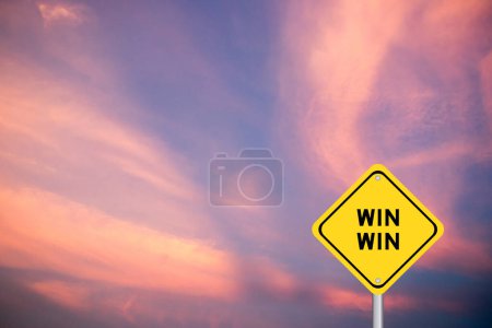Yellow transportation sign with word win win on violet color sky background