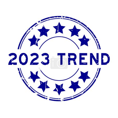 Ilustración de Grunge blue 2023 palabra de tendencia con sello de goma redonda icono estrella sobre fondo blanco - Imagen libre de derechos