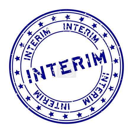 Grunge blue interim word with star icon round rubber seal stamp on white background