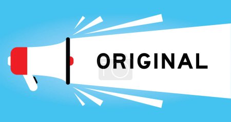 Illustration for Color megaphone icon with word original in white banner on blue background - Royalty Free Image