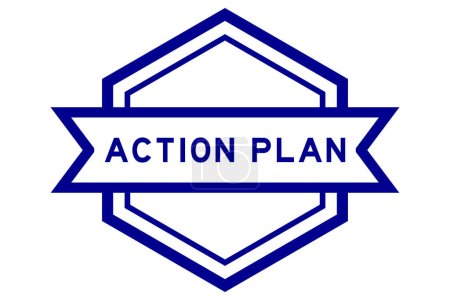 Banner de etiqueta de hexágono de color azul vintage con plan de acción de palabra sobre fondo blanco