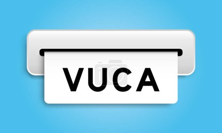 Ilustración de Banner de cupón blanco con la palabra VUCA (abreviatura de Volatilidad, incertidumbre, complejidad y ambigüedad) de la máquina sobre fondo de color azul - Imagen libre de derechos
