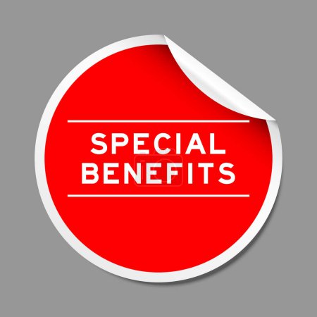 Ilustración de Etiqueta adhesiva de cáscara de color rojo con beneficios especiales de palabra sobre fondo gris - Imagen libre de derechos
