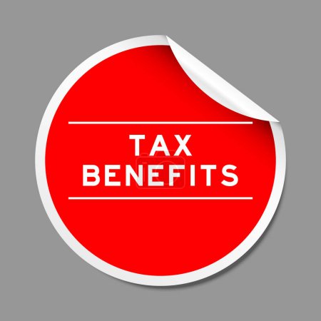 Ilustración de Etiqueta adhesiva de cáscara de color rojo con beneficios de impuesto de palabra sobre fondo gris - Imagen libre de derechos