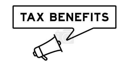 Icono de megáfono con burbuja del habla en beneficios de impuestos de palabras en fondo blanco