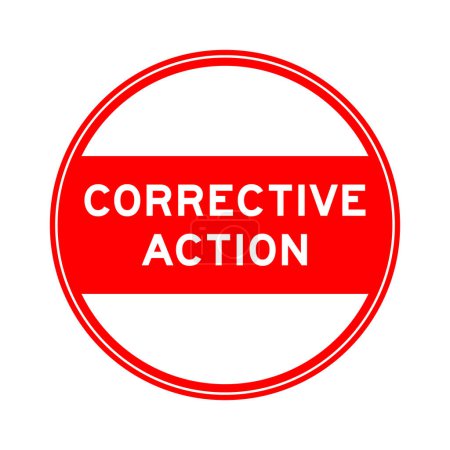 Etiqueta engomada de sello redondo de color rojo en acción correctiva de palabra sobre fondo blanco